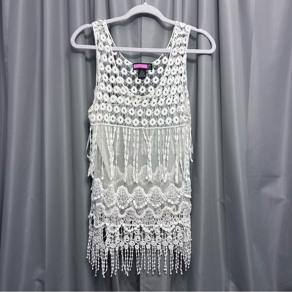 Say What? Ivory Crocheted Fringed Tank Tunic Size XL boho